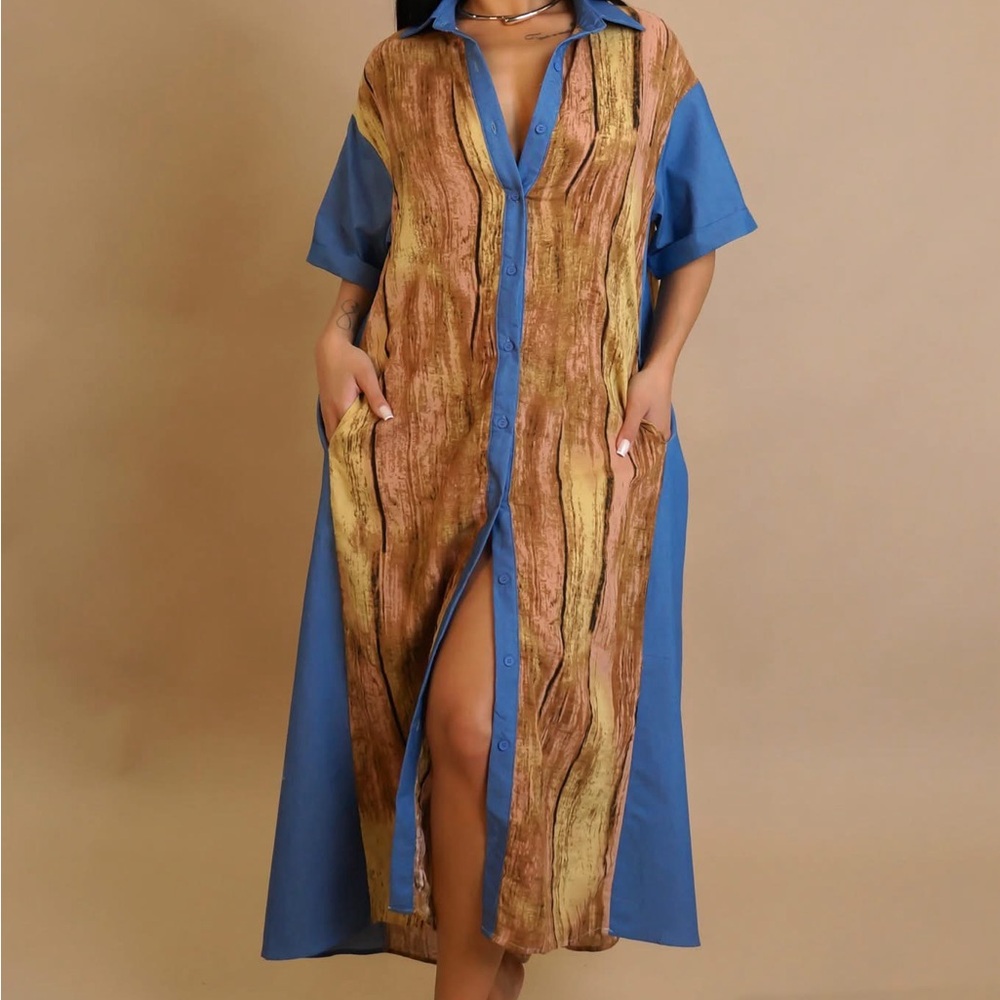 Blue and Brown Button-Up Maxi Dress